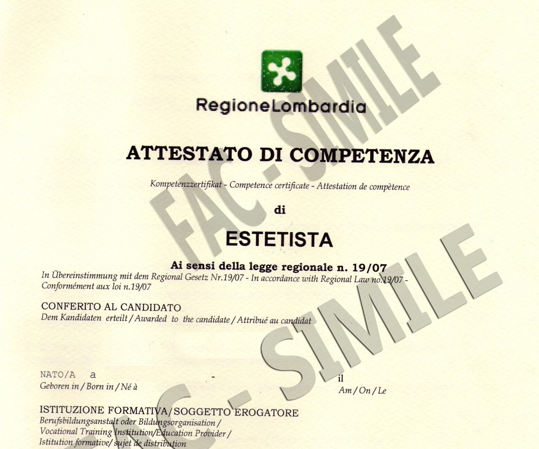 ATTESTATO DI ESTETISTA REG LOMBARDIA 