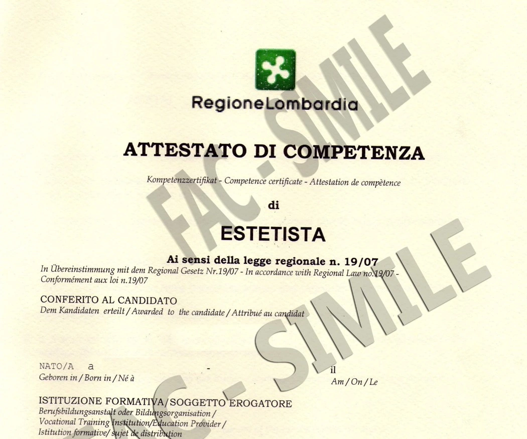 ATTESTATO DI ESTETISTA REG LOMBARDIA 