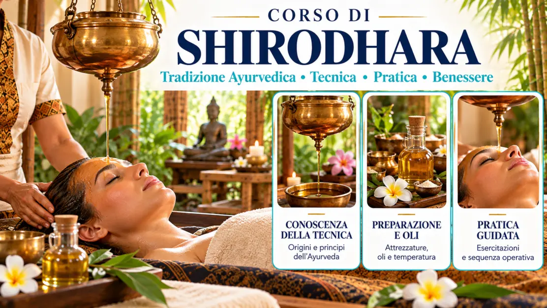 Dimostrazione della tecnica Shirodhara con flusso di olio sulla fronte durante il corso ayurvedico C.A.A.P. Pavia