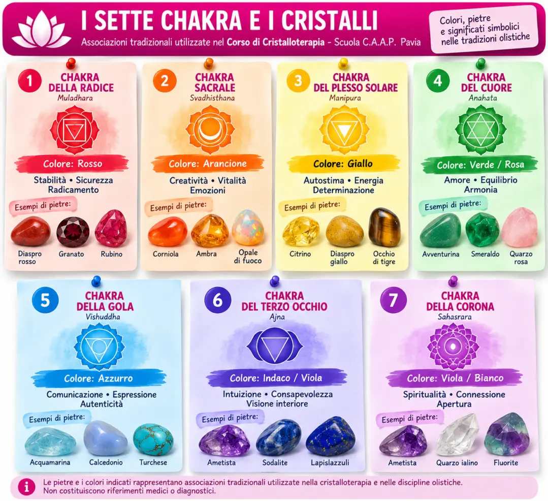 Infografica dei sette chakra e cristalli